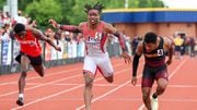 Malachi James	of Willingboro (center) beat Fabian France of Bergen Catholic to win the boys 100 meter dash at the 2022 NJSIAA Track & Field Meet of Champions on Saturday, June 18, 2022 in Somerset, N.J. James’ winning time was 10.54.