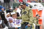 Buffalo Bills defensive coordinator Leslie Frazier on the sidelines during the first half of an NFL football game against the New York Jets, Sunday, Nov. 14, 2021, in East Rutherford, N.J. (AP Photo/Bill Kostroun)