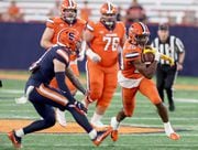 #20 LeQuint Allen running back. The Syracuse football team face-off in the AmeriCU scrimmage played at the JMA Wireless Dome April 21, 2023. Dennis Nett@syracuse.com