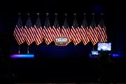 The stage is set before Republican presidential candidate former President Donald Trump speaks at a caucus night rally in Las Vegas, Thursday, Feb. 8, 2024. (AP Photo/Mark J. Terrill)